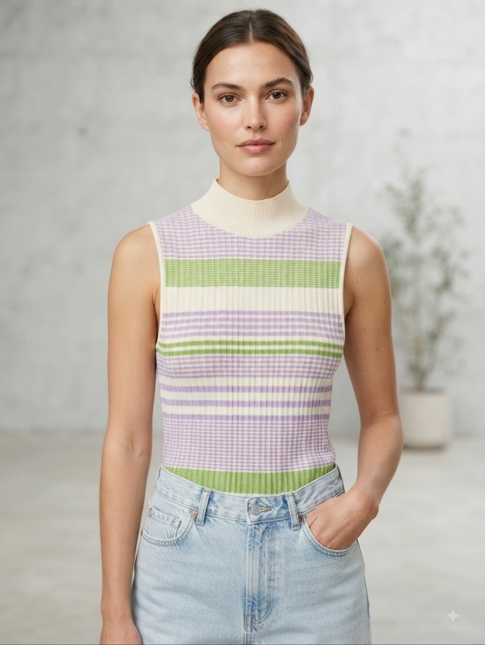 & Other Stories Green and Purple Striped Sleeveless Mock Neck Top Size Small